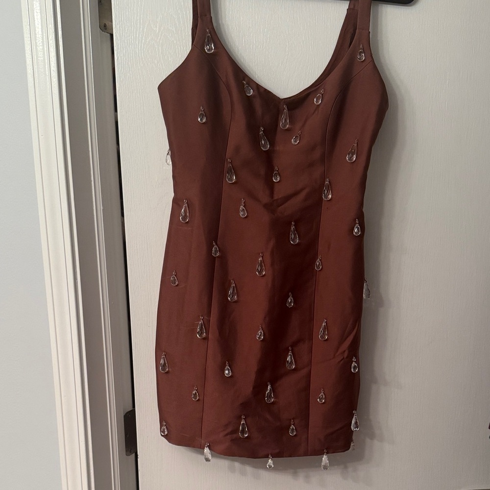 Anthropologie WOLF GANG Brown Mini Dress with Crystal Teardrop Accents